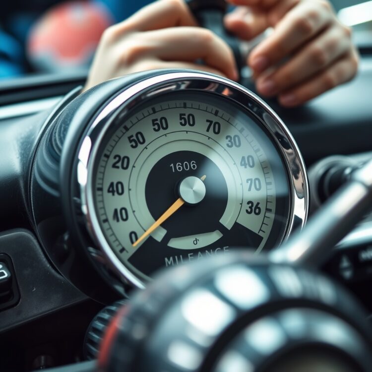 A close-up of a vintage car's odometer showing high mileage, with a mechanic's hands checking the engine in the background, symbolizing the role of mileage in decision making.