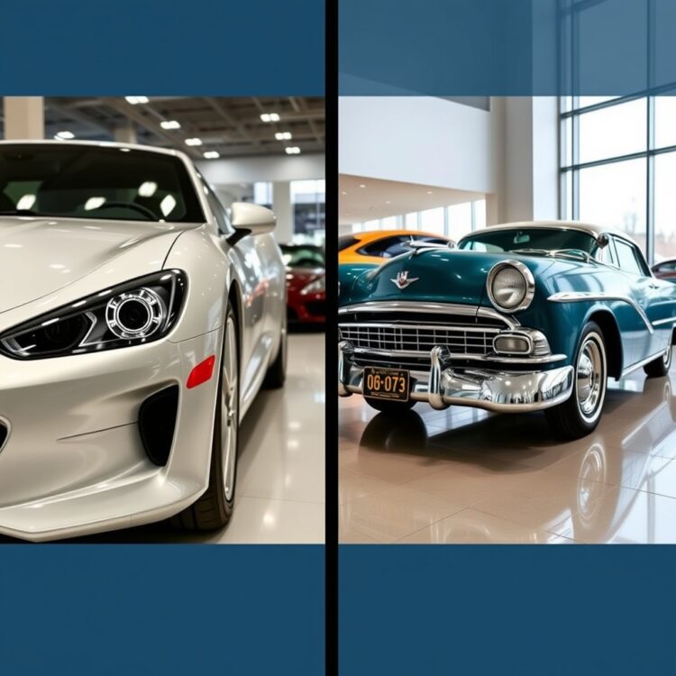 Side-by-side images of a shiny new car and a well-maintained 20-year-old classic car, highlighting the comparison between new vs. used vs. 20-year-old cars in a showroom setting.