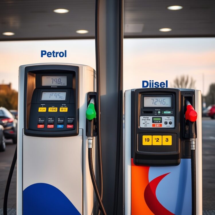 A high-quality stock photo showing a petrol pump and a diesel pump side by side at a gas station, highlighting the choice between fuel types for car owners.
