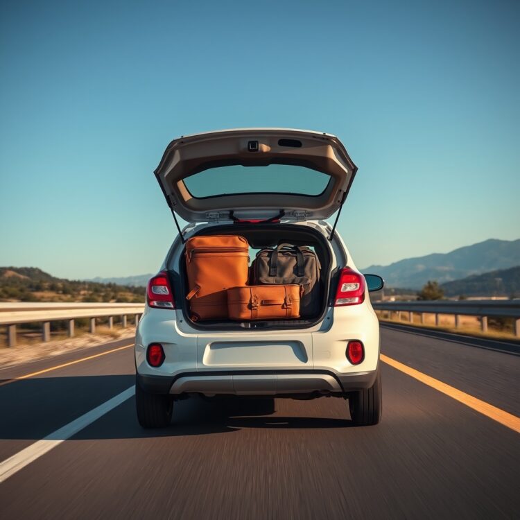 A professional stock photo featuring a small car on a scenic highway, showcasing its suitability for long-distance travel with luggage neatly packed in the back, under a clear blue sky.