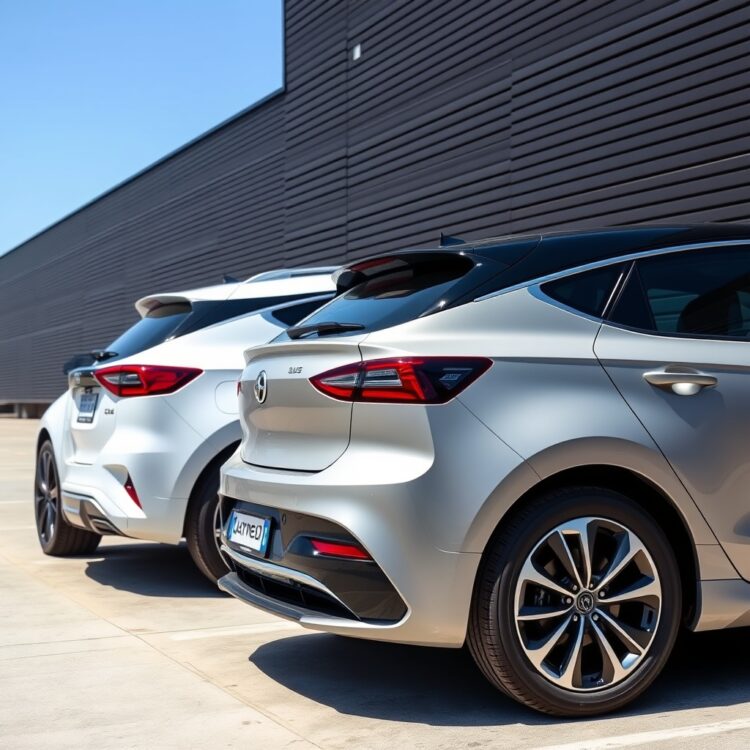 Professional stock image of a modern diesel car and a petrol car parked next to each other, showcasing their exterior differences under clear daylight.