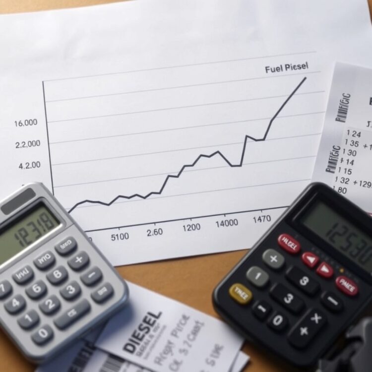 Stock photo depicting a financial chart or graph showing the comparison of fuel price trends over time for petrol and diesel, with a calculator and fuel receipts on the side.