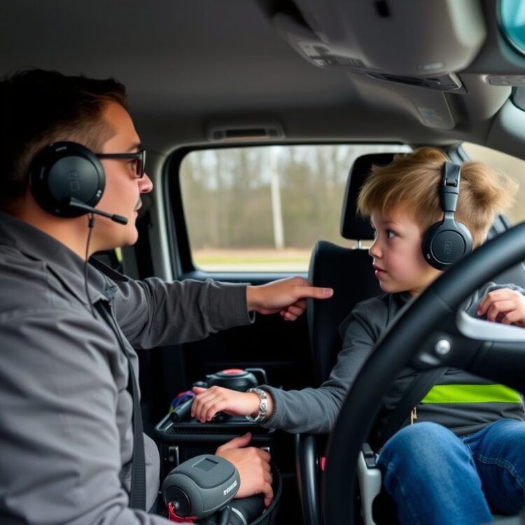 A professional disability driving instructor teaching a young student with PIP in an adapted vehicle, showcasing the specialized training environment and equipment.