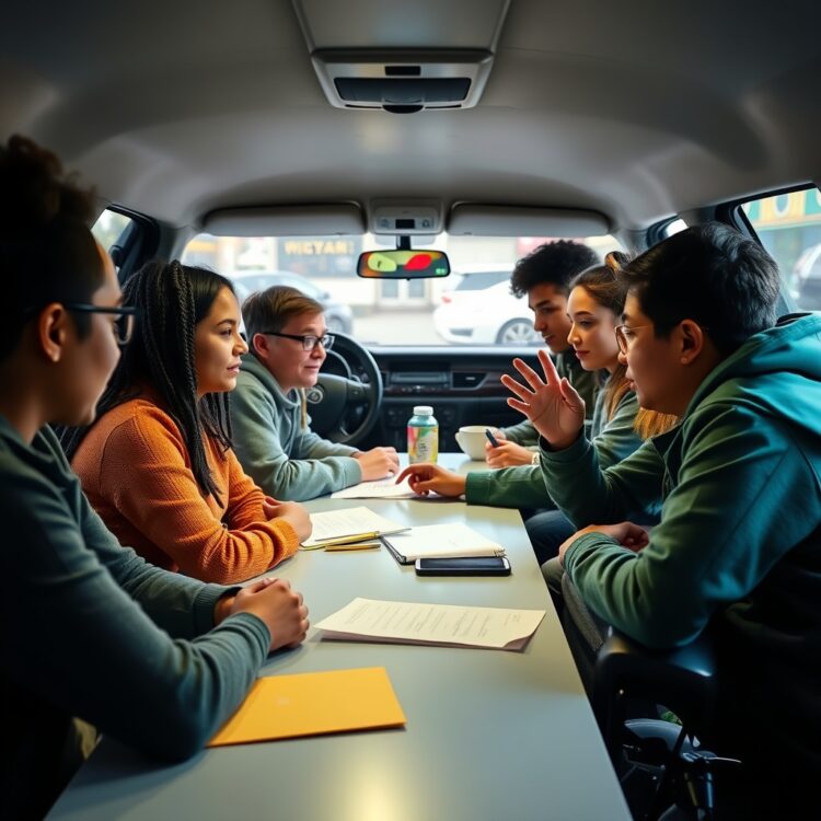 A diverse group of young drivers with disabilities sharing experiences and tips in a supportive community meeting, highlighting the importance of networks and resources.