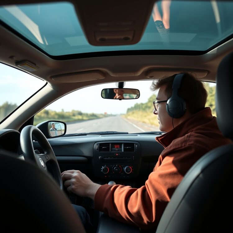 A young driver behind the wheel of a 2 litre car, looking focused with a supervisor in the passenger seat, on a quiet road during daytime.