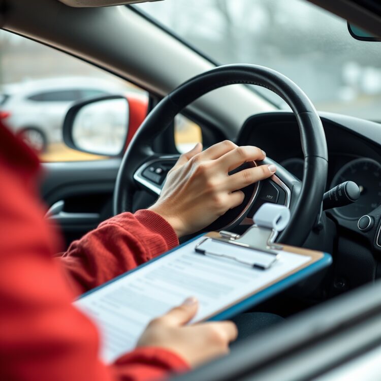 A close-up of a driving test candidate's hands on the steering wheel, with the examiner's clipboard visible in the foreground, during a driving test.