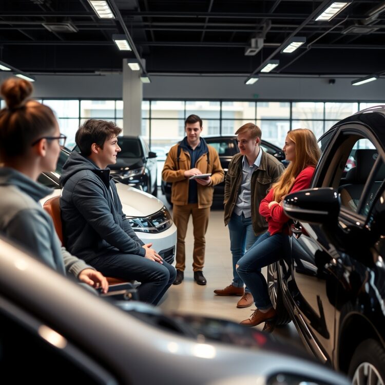 A group of young drivers discussing car choices with a knowledgeable instructor in a showroom setting, focusing on safety and budget considerations.