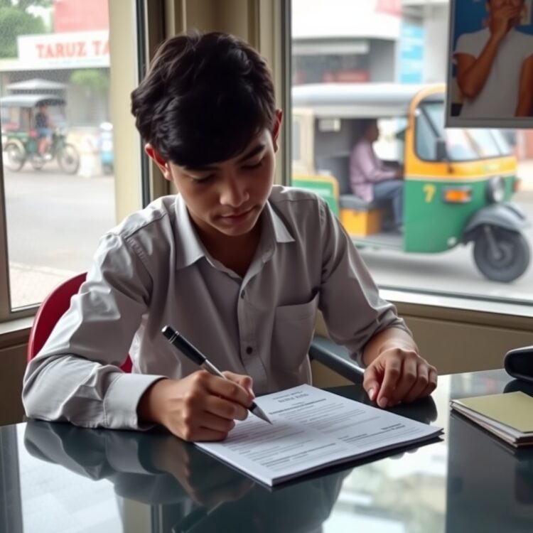 A young person carefully filling out a provisional license application form at a desk, with a tuk tuk visible through the window in the background.