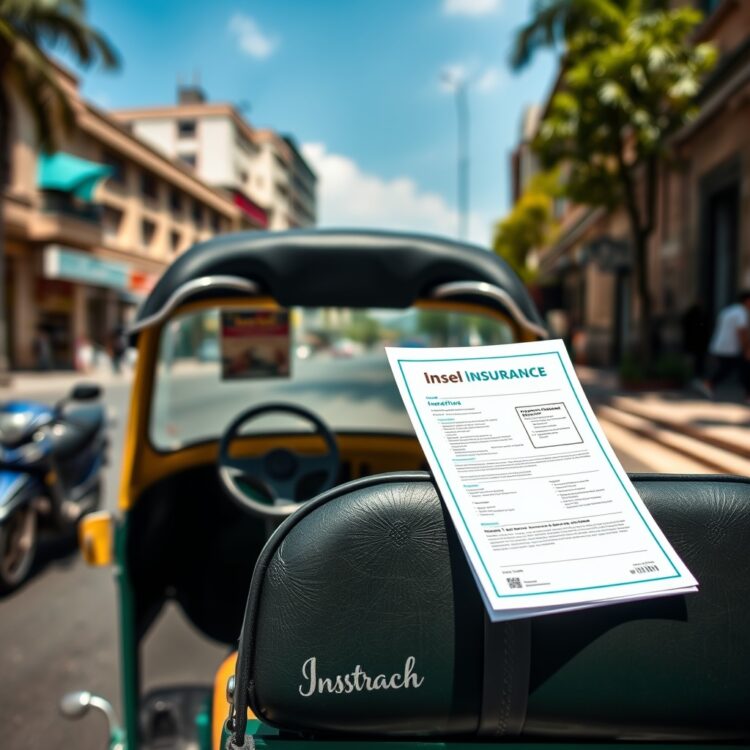 A tuk tuk parked in a sunny urban setting, with a close-up focus on its insurance documents placed on the seat, symbolizing protection and responsibility.