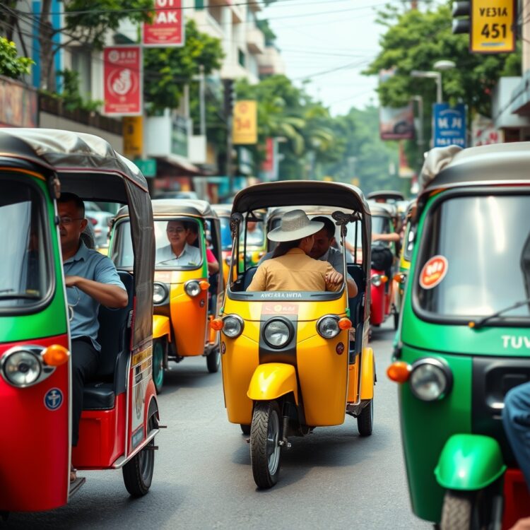 A vibrant street scene showcasing tuk tuks in various colors, with passengers enjoying rides, highlighting the cultural significance and tourism appeal of tuk tuks.