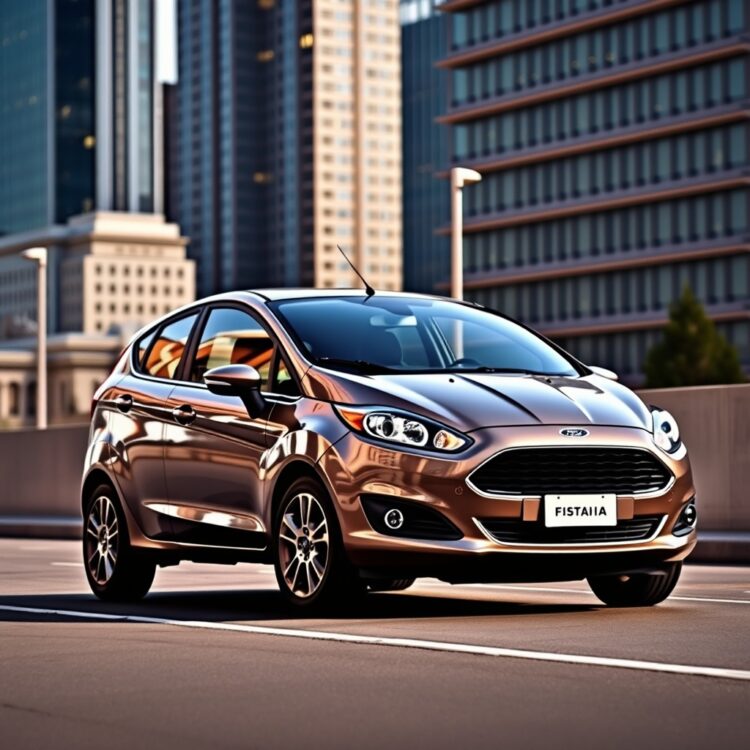 A sleek Ford Fiesta parked in an urban setting, highlighting its compact size and fuel efficiency with a modern cityscape in the background.