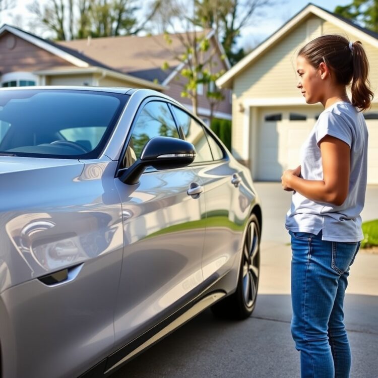 A sleek, fuel-efficient car parked in a suburban driveway with a teenager looking at it admiringly, highlighting the importance of fuel efficiency and environmental considerations for a teen's first car.