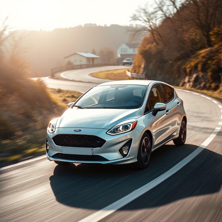 A dynamic shot of a Ford Fiesta in motion on a winding road, showcasing its handling and driving experience with a focus on performance and comfort.