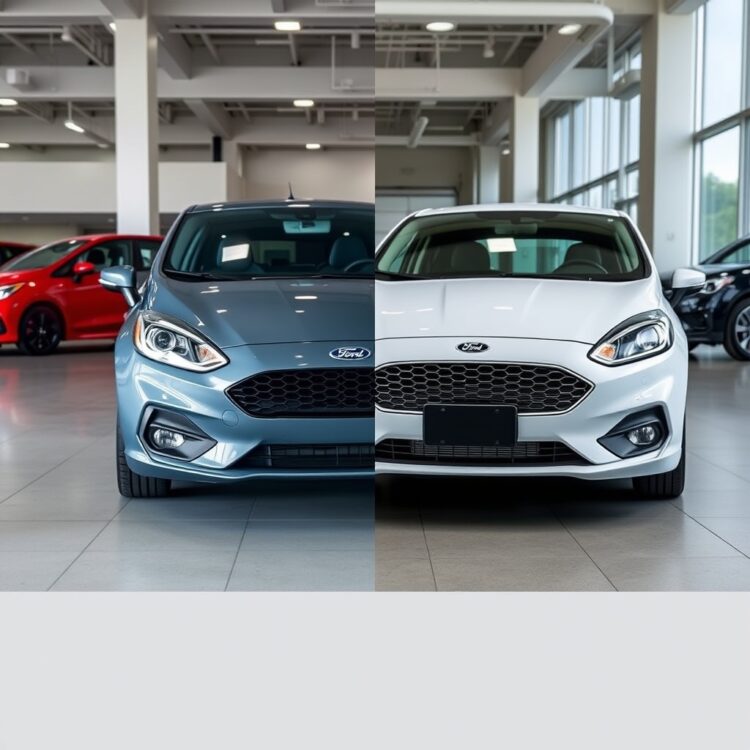 A side-by-side comparison of a new and used Ford Fiesta in a dealership setting, emphasizing the differences and value proposition of each.