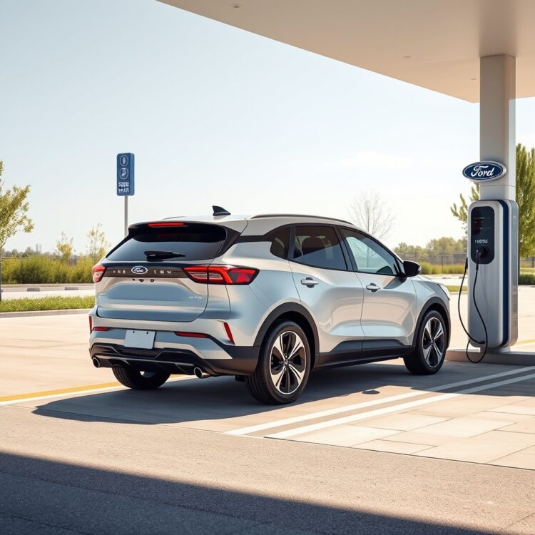 A sleek, modern electric vehicle charging at a station, symbolizing Ford's shift towards electrification and the future of automotive technology.