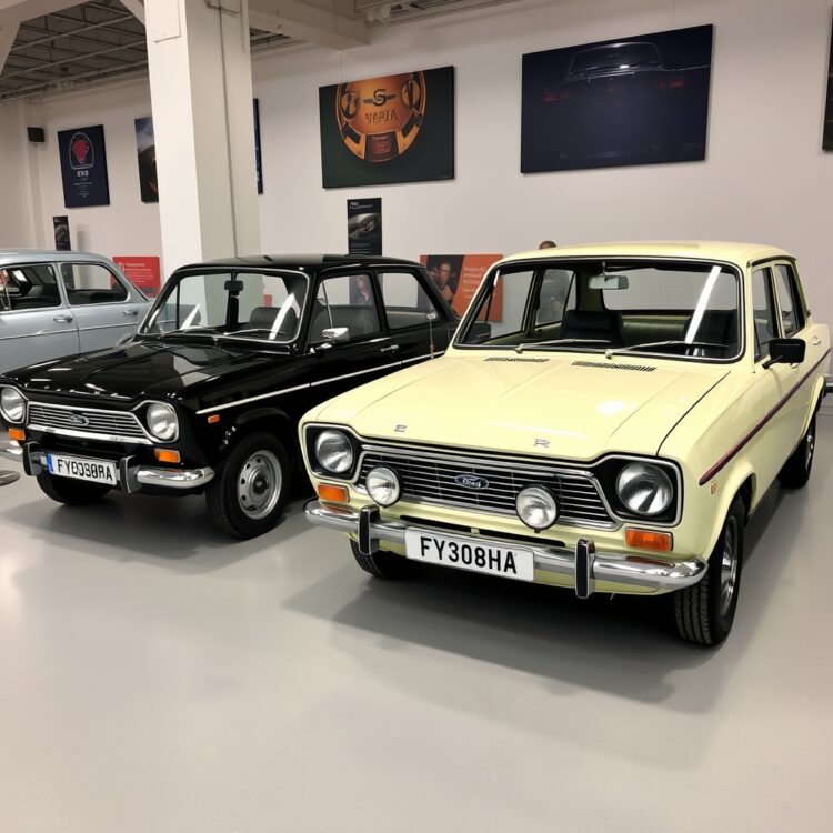 Two classic Ford Fiestas parked side by side in a heritage museum, showcasing the end of an era and the preservation of automotive history.