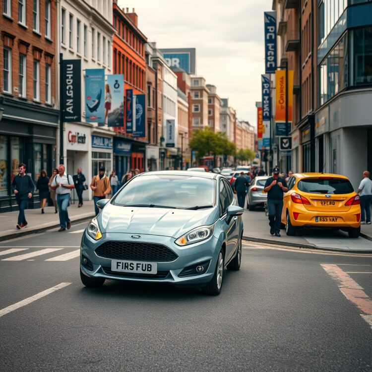 A bustling UK city street with a Ford Fiesta prominently featured, highlighting the model's popularity and significance in the UK automotive market.