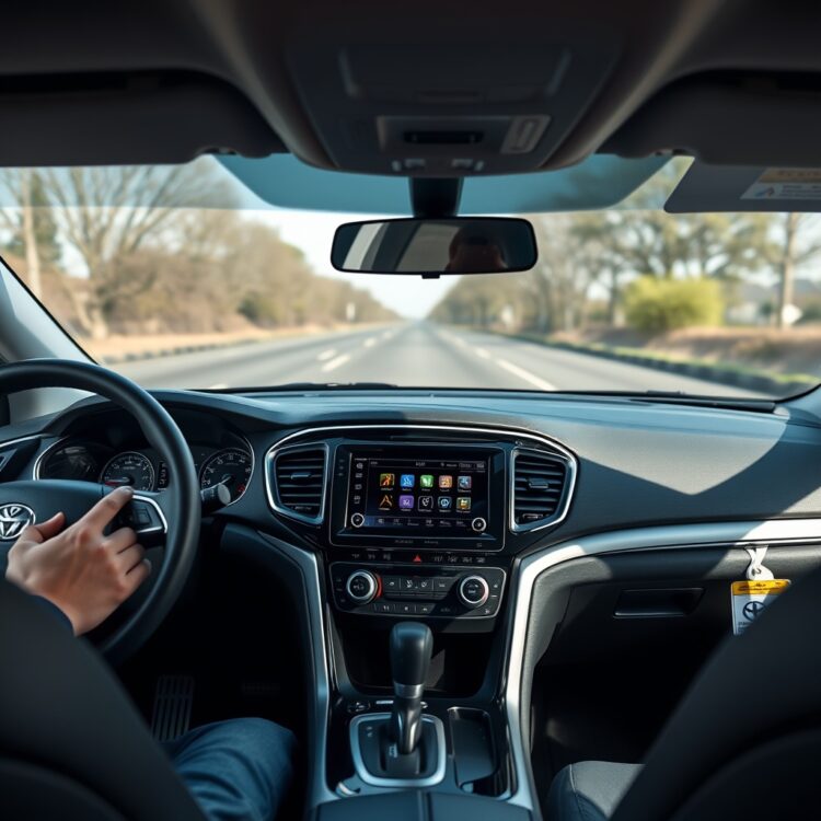 A modern car dashboard with advanced technology features like Bluetooth connectivity and navigation system displayed, emphasizing the role of technology in enhancing the driving experience for teenagers.