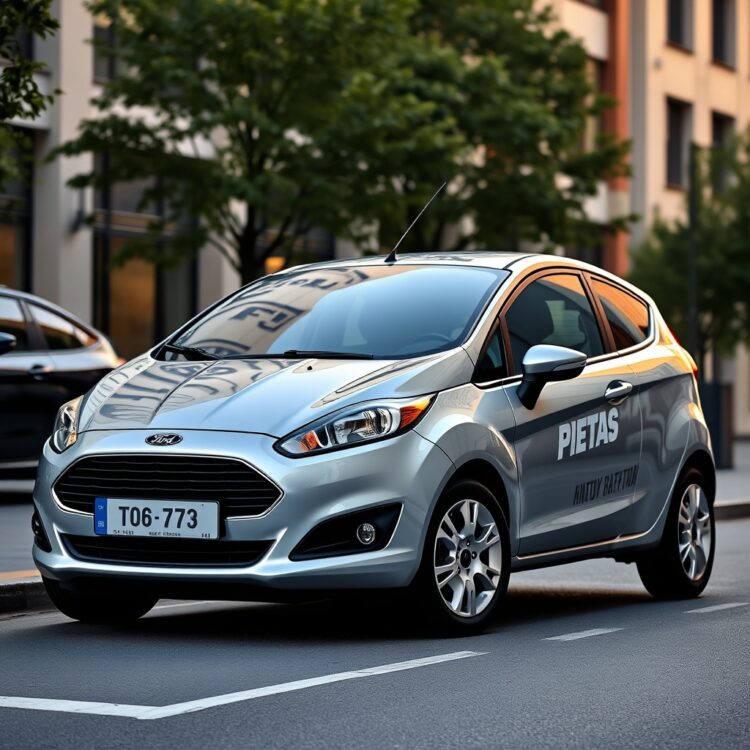 A sleek Ford Fiesta parked in an urban setting, highlighting its compact size and modern design, suitable for beginners.