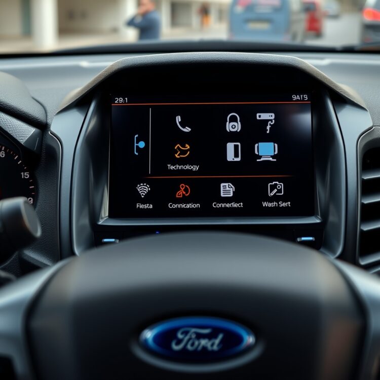 A detailed close-up of a Ford Fiesta's dashboard and infotainment system, showcasing technology and connectivity features.