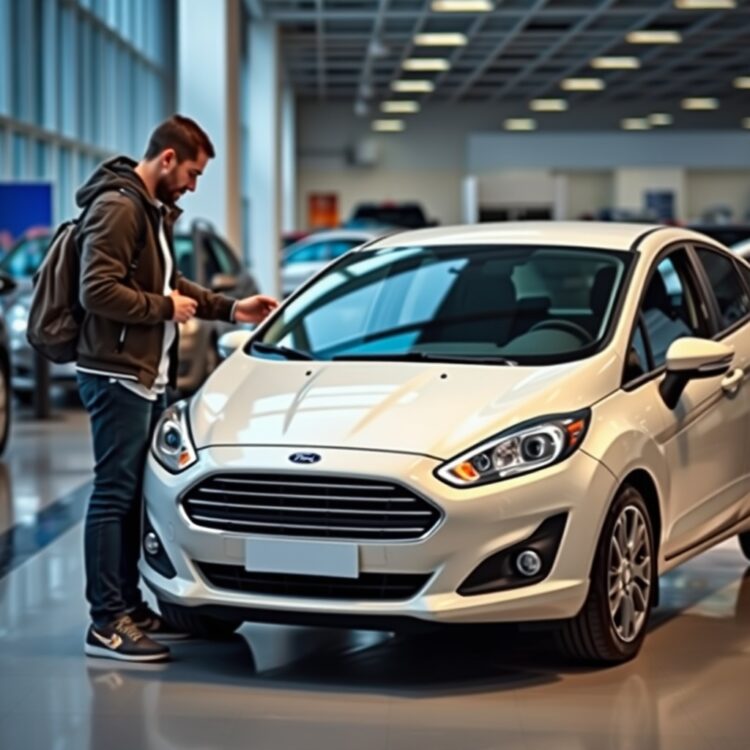 A Ford Fiesta at a dealership with a buyer inspecting the car, representing the process of finding and purchasing a used vehicle.
