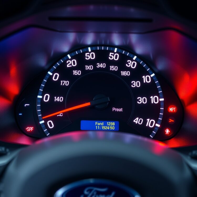 A professional stock photo of a Ford Fiesta dashboard with warning lights illuminated, highlighting electrical system faults.