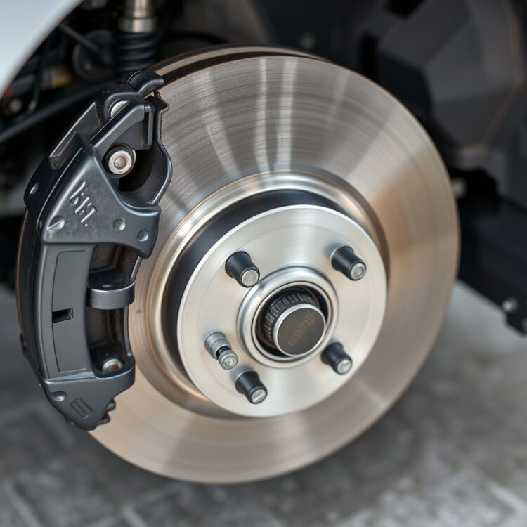 A detailed stock photo of a Ford Fiesta's braking system, showcasing brake pads and ABS sensors, emphasizing common braking system deficiencies.