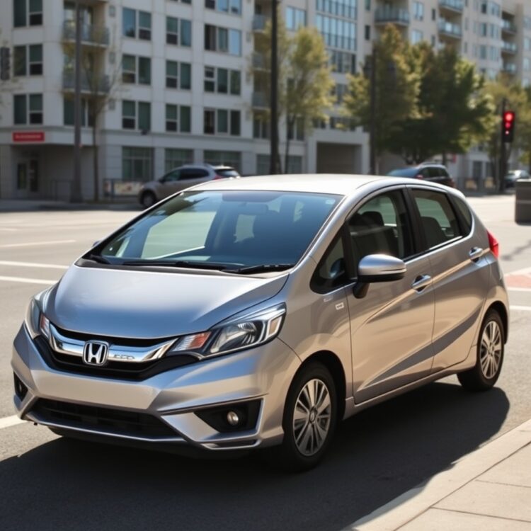 A sleek Honda Fit parked in an urban setting, showcasing its compact design and reliability features under the sunlight.