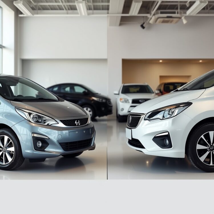 A side-by-side comparison of a shiny new small car and a well-maintained used small car in a dealership setting, highlighting the differences in appearance and condition.