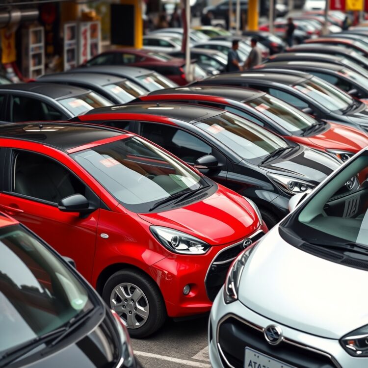 A lineup of small cars with high resale value, showcasing their sleek designs and pristine conditions, set against a backdrop of a bustling used car market.