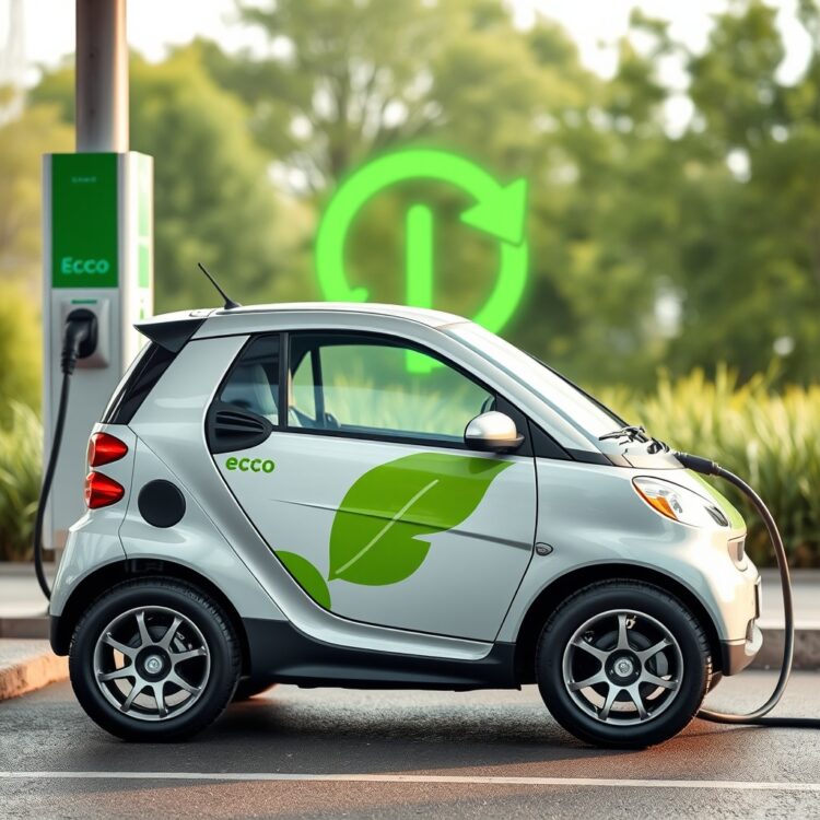 An eco-friendly small car, either hybrid or fully electric, charging at a station with a green energy symbol subtly in the background, emphasizing sustainability.