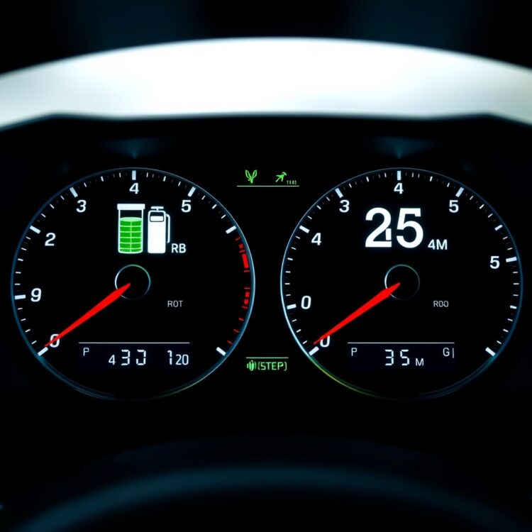A side-by-side comparison of fuel efficiency and reliability metrics displayed on a digital dashboard, emphasizing the balance between the two.