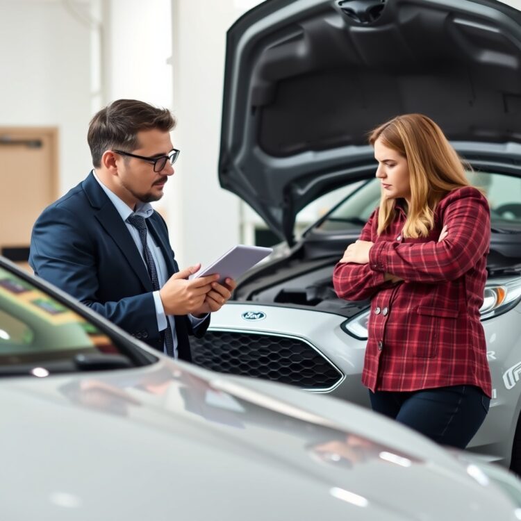 A professional image of a financial advisor discussing car repair costs with a concerned Ford Fiesta owner, symbolizing financial considerations.