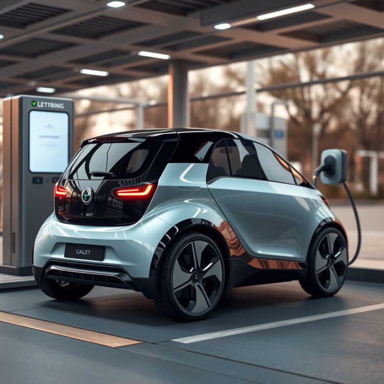 A futuristic electric compact car charging at a station, symbolizing the shift towards electrification in the automotive industry.