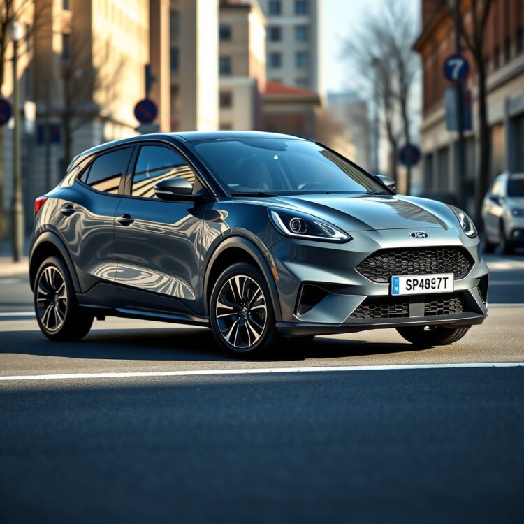 A sleek, modern Ford Puma parked on a city street, showcasing its design and aesthetics under daylight, with a focus on its compact size and stylish exterior.