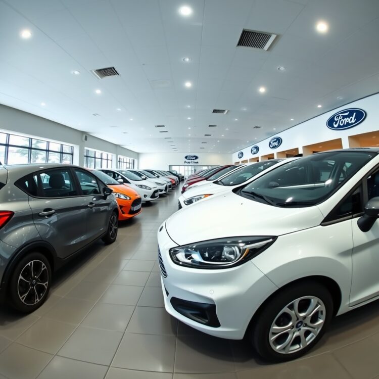 A panoramic view of a Ford dealership with various small cars on display, including the Puma, Fiesta, and KA+, under bright showroom lighting.