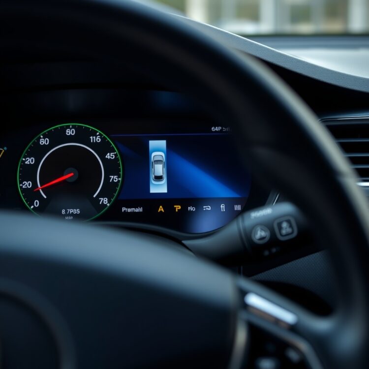 A close-up of a car's dashboard with advanced technology features like GPS and smartphone integration, showcasing ease of use for new drivers.