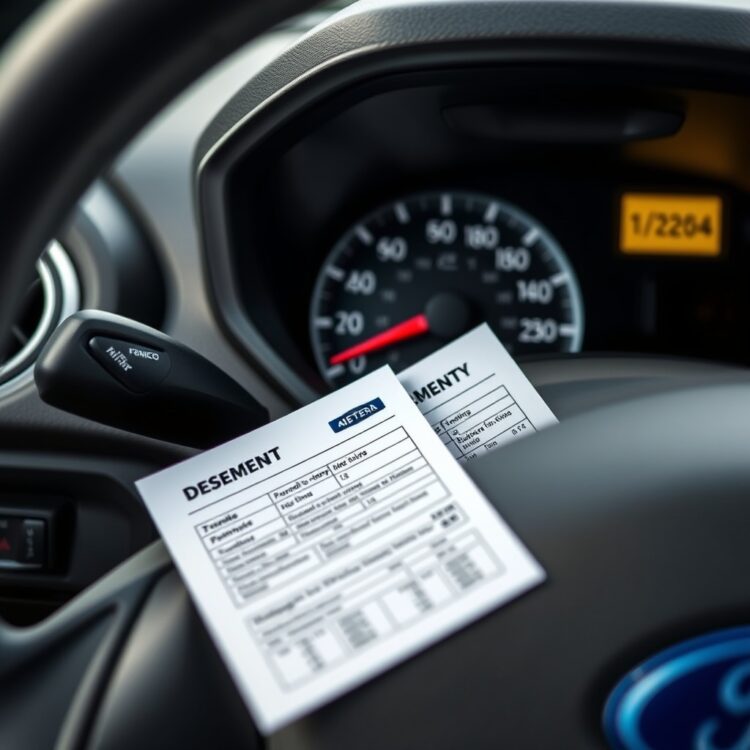 A detailed close-up of a Ford Fiesta's dashboard highlighting the odometer and service history documents neatly placed on the passenger seat, symbolizing the importance of evaluating a used car's condition.