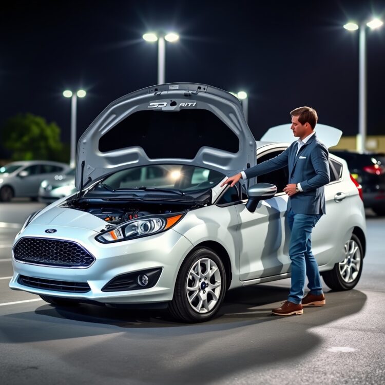 A sleek Ford Fiesta parked in a dealership lot under bright lights, showcasing its engine bay open with a salesperson pointing at the engine, emphasizing the impact of engine options on price.