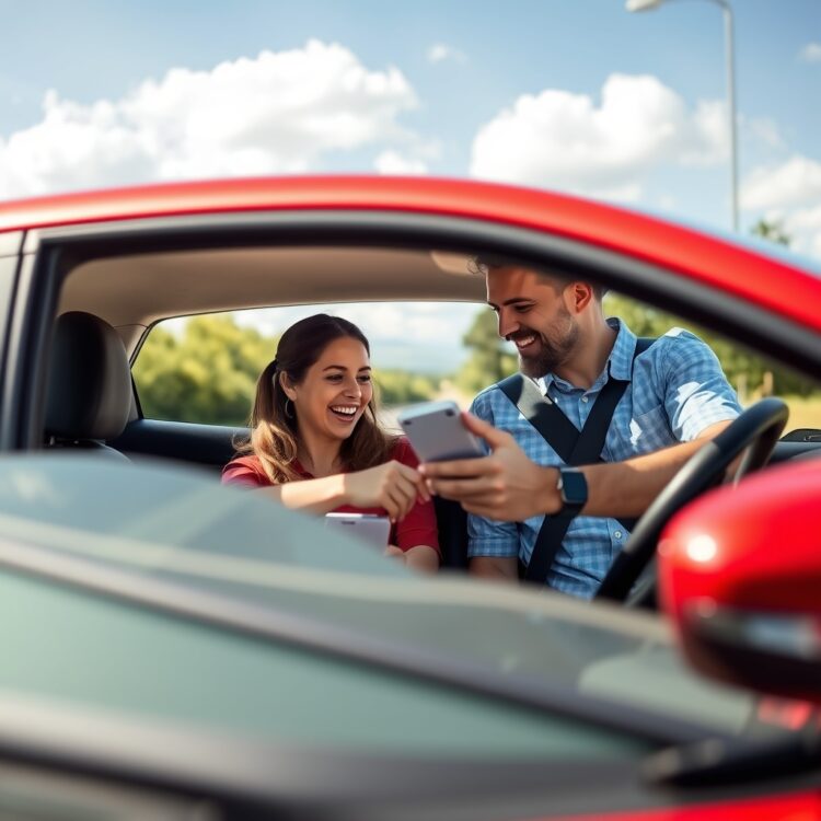 A happy couple test driving a used Ford Fiesta on a sunny day, with one person checking the car's features while the other looks on, capturing the essence of making an informed purchase decision.