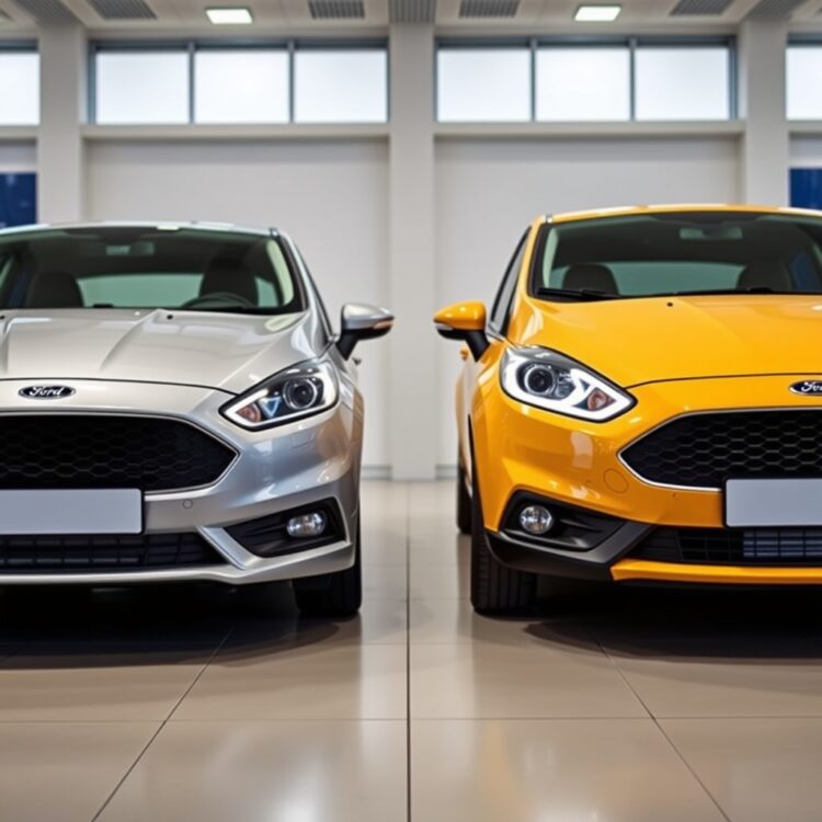 Side-by-side comparison of a Ford Focus and Ford Fiesta parked in a showroom, highlighting their differences in size and design under bright lighting.