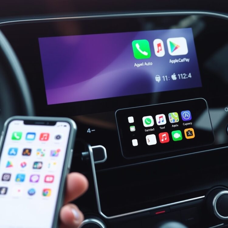 Close-up of a car dashboard displaying Android Auto and Apple CarPlay interfaces, with a smartphone connected, showcasing modern in-car technology.