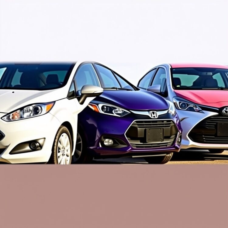 A side-by-side comparison photo of a Ford Fiesta, Honda Fit, and Toyota Yaris parked in a row under daylight, highlighting their compact designs and features.
