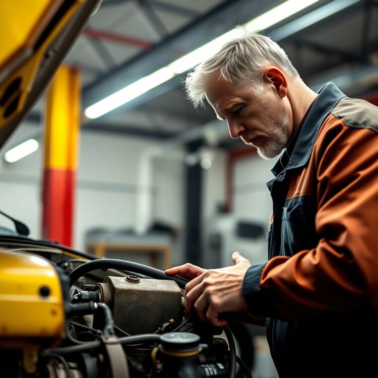 A professional stock photo of a mechanic inspecting an older vehicle under bright workshop lights, focusing on the engine area to symbolize maintenance considerations for different vehicle ages.