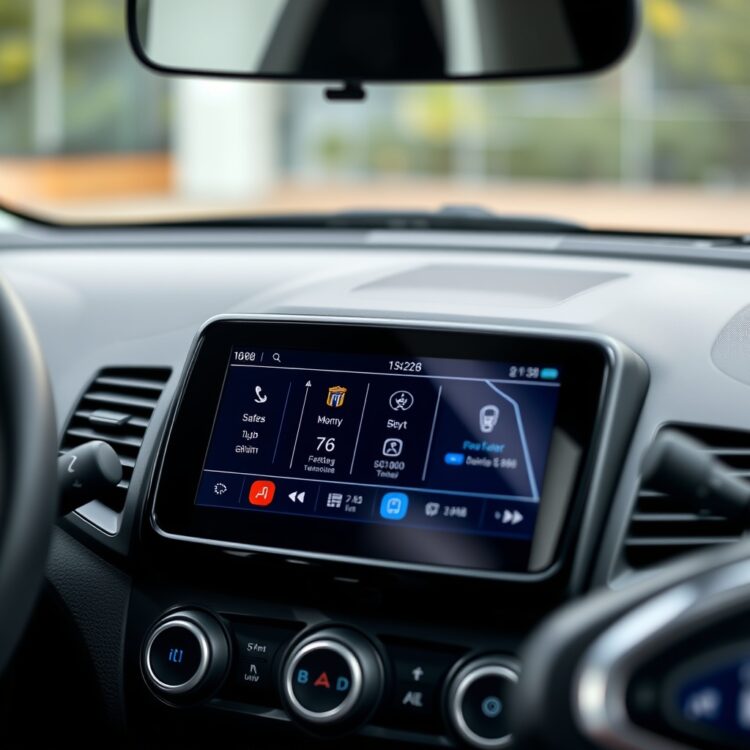 A close-up photo of a Ford Fiesta dashboard showcasing its infotainment system and safety technology features, with a focus on the screen and buttons.