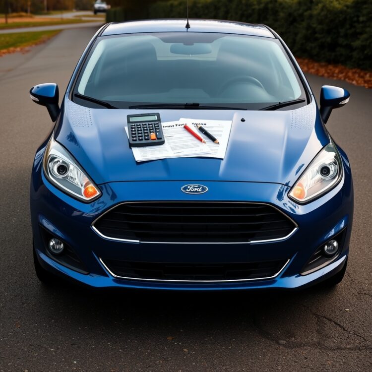 An image of a Ford Fiesta with an insurance document and calculator on the hood, symbolizing the impact of insurance costs on resale value.