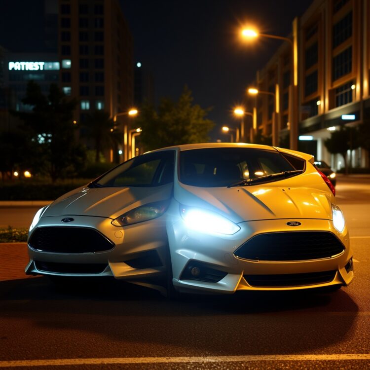A modern Ford Fiesta parked in a safe, well-lit urban area at night, highlighting its safety features like airbags and anti-lock braking system.