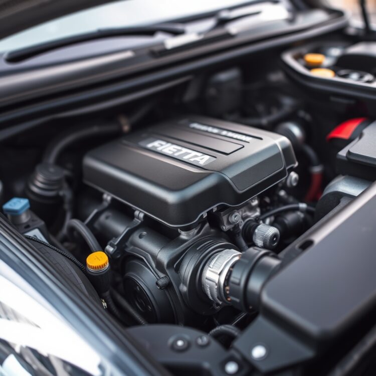A close-up of a Ford Fiesta's engine with a focus on its size and components, symbolizing the impact of engine size on insurance costs.