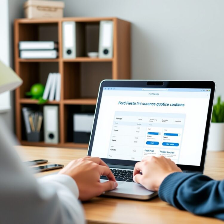 A person using a laptop to compare Ford Fiesta insurance quotes online, with a clean, organized desk setting in the background.