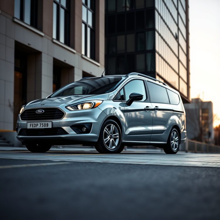 A sleek Ford Fiesta Van parked in an urban setting, showcasing its utility and design with a professional stock photo aesthetic.